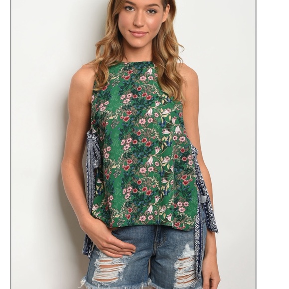Tops - Green and Blue Floral Side Tie Tank
